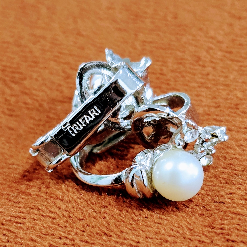 Trifari Silver and White Pearl Clip-On Earrings